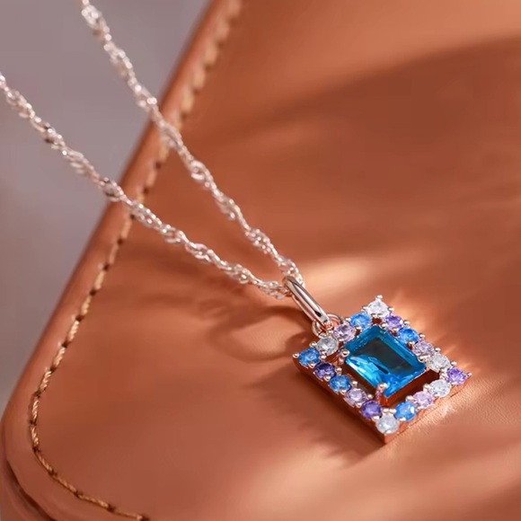 585 Rose Gold Square Pendant Necklace for Women Blue Natural Zircon Necklaces - Picture 4 of 5